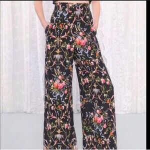 Betsey Johnson Collection 100% Silk Floral Wide Leg Pants Black Colorful Y2K 6